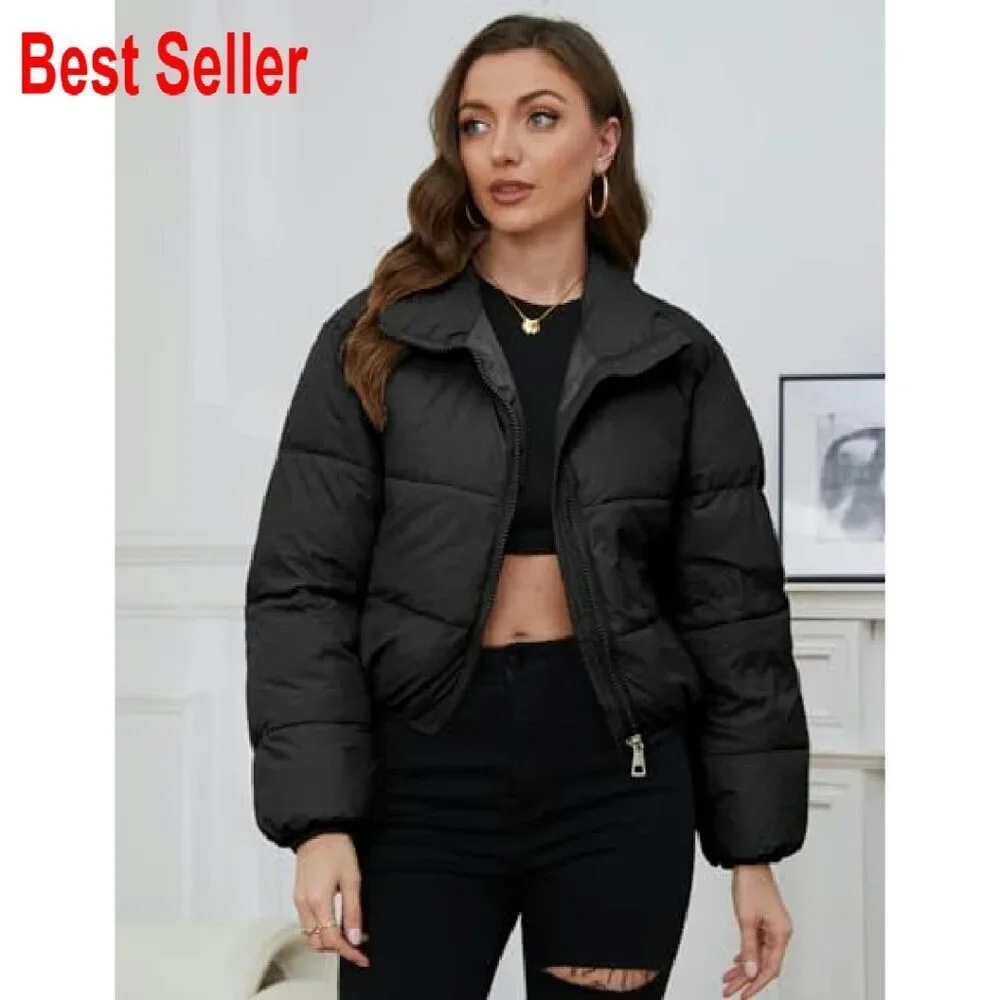 Cropped Puffer Jacket Quilted Lightweight Stand Collar Full Zip Chic Winter